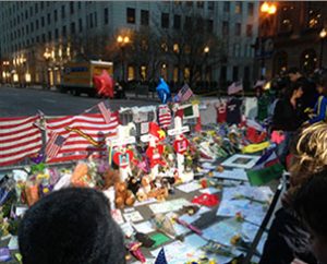 A memorial on Boston's Boylston Street honors the memory of those who were killed and injured in the April 15 marathon bombings. (Lutheran Church Charities)