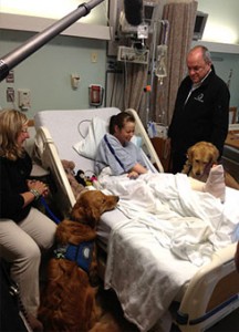 Lutheran Church Charities (LCC) comfort dogs "Ruthie" and "Luther" — accompanied by LCC staff members Dona and Rich Martin — visit a survivor of the marathon bombings in a Boston hospital. (Lutheran Church Charities)