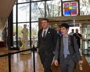 James Peterson, left, of Blaine, Minn., and Mitchell Griffith, Minneapolis, arrive at the LCMS International Center in St. Louis April 12 for the second annual National Student Marketing Competition sponsored by the Lutheran Church Extension Fund. They were on the team from Concordia University, St. Paul, in St. Paul, Minn. (Lutheran Church Extension Fund)