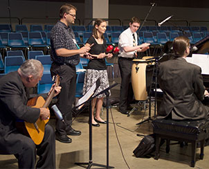 The Rev. Dr. Fred Baue, the Rev. Daniel Torkelson, Laura Kalbfleisch, Nathan McCord and Cantor Philip Magness lead the singing for the Venite during Morning Prayer.