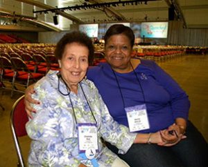 "Unsung Hero" Charlotte Reid, left, poses for a photo with her friend Dorrie Aldrich in the convention hall. Aldrich described Reid, 90, as "very committed and very involved in serving others." Both are members of Mount Olivet Lutheran Church in Washington, D.C. (LCMS Communications/Paula Schlueter Ross)