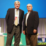 The Rev. Dr. Dean Nadasdy, left, and Dr. Norman Sell are recognized by the convention for their service as former officers of the Synod. (LCMS Communications)