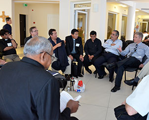 Lutheran church leaders and seminary representatives from Central and South America gather during a portion of the World Seminary Conference when its participants met according to regions to discuss challenges and opportunities facing Lutheran seminary education. (LCMS Communications/Amanda Booth)