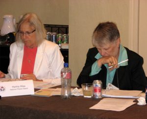 LCMS Board for National Mission (BNM) members Martha Milas, left, and Linda Stoterau listen to a presentation during the BNM meeting Sept. 12-13 in St. Louis. Stoterau was elected as the board’s secretary. (LCMS Communications/Melanie Ave)