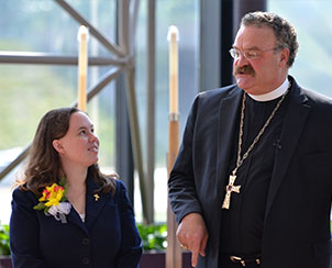 Deaconess Cara Patton talks with LCMS President Rev. Dr. Matthew C. Harrison after her installation on Sept. 9, 2013, as coordinator for the Synod's Recognized Service Organizations program. (LCMS Communications/Amanda Booth)