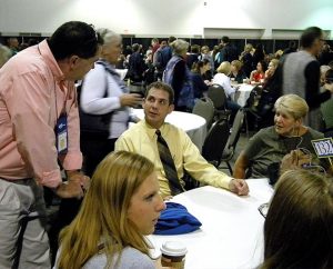 Lutheran educators and others visit before a session at Lutheran Education Association’s Oct. 24-26 convocation in Milwaukee.  This was just one of many opportunities for convocation participants to meet and mingle. (LCMS Communications/Joe Isenhower Jr.)