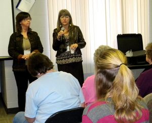 Jenny Farrell, left, and Lindi Kernan lead a workshop on "Life After Abortion" during the Lutherans For Life conference in Urbandale, Iowa. Kernan shared the story of her own abortion at age 17 and the healing she found through Bible study some 35 years later. (LCMS Communications/Paula Schlueter Ross)