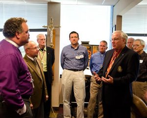 Members of the Operation Barnabas (OB) Advisory Board visit with LCMS President Rev. Dr. Matthew C. Harrison in his office at the International Center. From left are Harrison, Ministry to the Armed Forces Director Rev. Mark Schreiber, OB Assistant Program Manager Rev. William Brunold, Rev. James Buckman of the LCMS New Jersey District, Rev. Michael Morehouse of the LCMS English District, OB Assistant Program Manager Rev. Dr. Gary Danielsen, and Revs. Bruce Rumsch and Dick Flath of the LCMS Northwest District. (LCMS Communications/Frank Kohn)