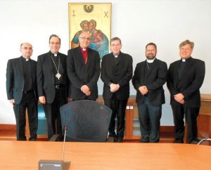 Meeting for the first informal dialogue of the Pontifical Council for Promoting Christian Unity and the International Lutheran Council are, from left, the Rev. Dr. Werner Klän, the Rev. Dr. Robert Bugbee, the Rev. Dr. Hans-Jörg Voigt, Cardinal Kurt Koch, the Rev. Dr. Albert B. Collver III and Monsignor Rev. Dr. Matthias Turk. (ILC News Service)