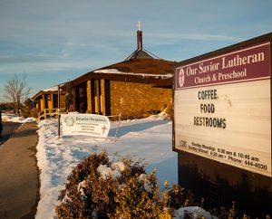 As displayed on its sign Dec. 18, 2013, Our Savior Lutheran Church in Washington, Ill., offers "coffee, food [and] restrooms" to passersby. LCMS Disaster Response gave Our Savior a $5,000 grant to replace carpeting damaged when the church opened its doors to the community to offer refreshments to those involved in cleanup efforts following the Nov. 17 tornadoes. (LCMS Communications/Erik M. Lunsford)