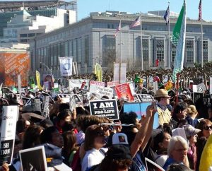 As the pre-march rally begins, pro-lifers representing LCMS Life Ministries participate for the first time in the Walk for Life West Coast Jan. 25 in San Francisco. (Ed Szeto)