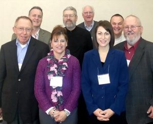 Members of the board of directors of the Association of Lutheran Mission Agencies are, from left, the Rev. Ken Reiner, operations manager; the Rev. James Tino, president; Chris Myers, first vice-president; the Rev. Jeff Thormodson, treasurer; Harold Rau, webmaster; Carly Hatcher, second vice-president; the Rev. Miguel Torneire, ethnic ministry liaison; and the Rev. Alan Scott, secretary. (Association of Lutheran Mission Agencies)