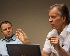 From right, the Rev. Dr. David Birner, executive director of international education at Concordia University Wisconsin, Mequon, and Dr. Alan Runge, provost of Concordia University Texas, Austin, discuss ways to improve communication between the Synod, Concordia University System (CUS) and the 10 CUS colleges and universities during the International Endeavor Conference in St. Louis. (LCMS Communications/Frank Kohn)