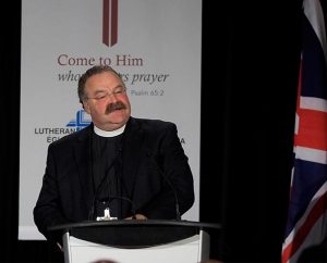 LCMS President Rev. Dr. Matthew C. Harrison brings greetings on behalf of The Lutheran Church—Missouri Synod to the 2014 Lutheran Church—Canada convention. (Gabor Gasztonyi)