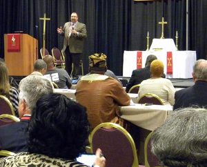 The Rev. Bart Day, executive director of the LCMS Office of National Mission and interim chief mission officer for the Synod, addresses the convocation in Kansas City. Day described "healthy congregations" as those that respond to the needs of their communities, and he said the Synod offers many resources — and grants — to help congregations do just that. (LCMS/Paula Schlueter Ross)