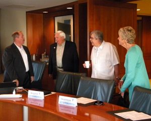 During a break in the Aug. 22 meeting of the Synod’s Board of Directors, LCMS Chief Administrative Officer Ron Schultz, left, visits with (to his left) Board member Warren Puck; Dr. Robert Krizek, who led the Board’s retreat on “The Lutheran Church—Missouri Synod of the Future”; and Board member Gloria Edwards. (LCMS/Joe Isenhower Jr.)