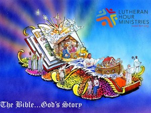 The design of the 2015 Rose Parade float sponsored by Lutheran Hour Ministries features an open Bible and depictions of the Nativity, Moses, Noah's ark and the Baptism of Jesus. The theme of the float is "The Bible … God's Story." (Lutheran Hour Ministries)