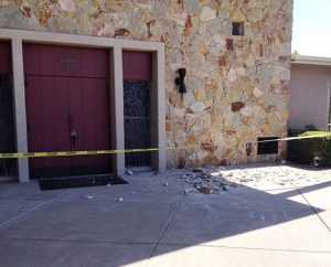 St. John’s sanctuary entrance is taped off to prevent entry until further damage assessments are finished. (St John’s Lutheran Church)