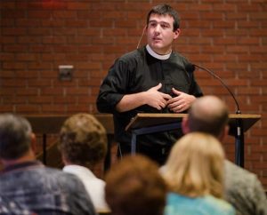 The Rev. Bryan Wolfmueller, pastor of Hope Lutheran Church in Aurora, Colo., leads a keynote address July 29 at the 2014 Institute on Liturgy, Preaching and Church Music in Seward, Neb. (LCMS/Erik M. Lunsford)