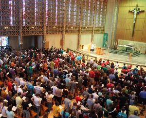 More than 1,200 Higher Things conference participants fill the chapel for worship at Concordia University Wisconsin, Mequon.