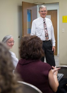 The Rev. Dr. James Lamb talks with participants in his workshop on miscarriage and stillbirth during the 2014 Lutherans For Life Conference. (Michael Schuermann)