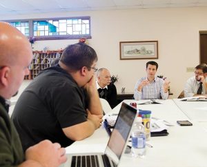 Participants from North St. Louis County LCMS congregations meet Nov. 18 to discuss short- and long-term plans for supporting the communities surrounding Ferguson, Mo. From left, they include the Rev. Nathan Ruback, pastor of Grace Lutheran Chapel; the Rev. Matthew Roeglin and Vicar David Viggers of Blessed Savior Lutheran Church; and the Rev. Mark Koschmann and the Rev. Theodore Laesch Jr., pastors of Chapel of the Cross Lutheran Church. (LCMS/Megan Mertz)