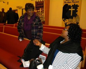 Mary Jones Wise, left, of Minneapolis and a great-niece of famed Lutheran educator Rosa J. Young greets Siah Lydia Fallah of Philadelphia at the Jan. 14-16 LCMS Black Clergy Caucus gathering in Dallas. Jones Wise is a member of the LCMS Black Ministry advisory council. Fallah said she was at the gathering to learn more about black ministry in the Synod. (LCMS/Joe Isenhower Jr.)