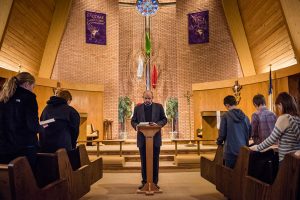 The Rev. Matthew Wietfeldt, associate pastor of Trinity Lutheran Church, Nashville, Ill., leads morning prayer with students from Trinity-St. John Lutheran School Jan. 7 in Nashville. Wietfeldt urges all to pray after the Jan. 2 plane crash that took the lives of four Nashville family members. The funeral for three of them was set for Jan. 9 at Trinity. (LCMS/Erik M. Lunsford)