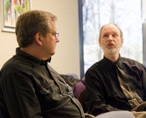 The Rev. Dave Andrus, right, interim pastor of St. Paul Lutheran Church in St. Louis, shares his thoughts during the Feb. 12-13 meeting of the LCMS Disability Task Force. At left is the Rev. Jeff Pflug, pastor of Faith Lutheran Church in Madison, Ind. Both are members of the task force. (LCMS/Frank Kohn)