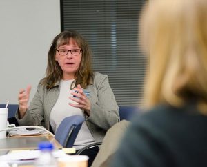 Mona Fuerstenau, chairperson of the LCMS Disability Task Force, takes part in a discussion during the February meeting of the task force in St. Louis. Fuerstenau, of Portland, Ore., is a ministry consultant for Bethesda Lutheran Communities. (LCMS/Frank Kohn)