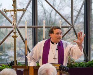 The Rev. Dr. Herbert C. Mueller Jr., LCMS first vice-president, preaches during the March 13 "Sending Service" for 16 new career missionaries — who have accepted calls to Africa, Asia, Europe, Latin America and the Caribbean — their spouses and children. (LCMS/Frank Kohn)