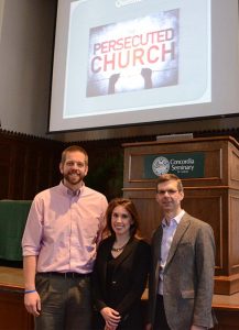 Stephanie Hammond, former U.S. Congress policy adviser and director of the International Religious Freedom Caucus, poses for a photo with, from left, Tom Schlund, Student Association president at Concordia Seminary, and the Rev. Dr. Jeffrey Kloha, professor of Exegetical Theology at the seminary, after her March 11 presentation on “Global Christian Cleansing: Rising Religious Persecution and What You Should Know." (Concordia Seminary/Tiffany Leong) 