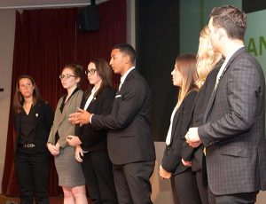 Concordia University Irvine students answer judges’ questions after the team’s presentation at LCEF’s National Student Marketing Competition April 10 at the LCMS International Center in St. Louis. For the second consecutive year, Concordia, Irvine, earned the second-place award. (Lutheran Church Extension Fund)