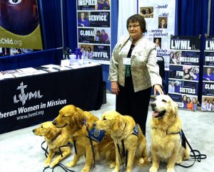Lutheran Women's Missionary League President Kay Kreklau poses with four Lutheran Church Charities "comfort dogs" at the LWML exhibit during the 2013 LCMS convention in St. Louis. An LWML grant of $30,000 is being used to train more dogs for LCMS chaplains to use in their ministries. Kreklau credits God for enabling the LWML to surpass its record-setting $1.83 million mission goal for 2013-15. (Lutheran Women's Missionary League)