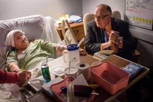 The Rev. Doug Nicely, chaplain at Memorial Hospital in Belleville, Ill., visits with Wilma Vartanian on Jan. 12. The LCMS is sponsoring two Specialized Pastoral Ministry (SPM) educational events for chaplains and other SPM workers in May. (LCMS/Erik M. Lunsford)