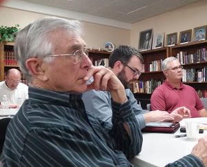 Members of the North American Mission Endeavor (NAME) church-planting group listen to a presentation at NAME's Feb. 25-26 meeting in Phoenix. From left are the Rev. Dr. John Mehl, the Rev. William Meyer, the Rev. Peter Kelm and the Rev. David Hormann. (Peter Meier)