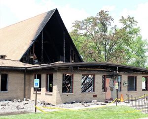 The 59-year-old building of Grace Lutheran Church in Vestal, N.Y., is declared a “total loss” after a May 18 storm-related fire. (Doug Fett)