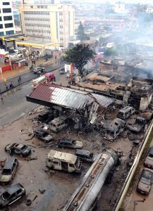 This demolished gas station is the site of a large explosion in Accra, Ghana, the evening of June 3, caused when floodwaters brought leaking gasoline into contact with a nearby fire. (Evangelical Lutheran Church of Ghana/Jacob Fynn)