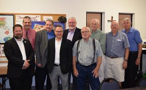 Members of the Jesus Is Lord Mission (JILM) meet this spring with LCMS leaders to review international mission projects that the independent mission society will support. Attendees include, from left, Rev. Dr. Albert Collver III, director of LCMS Church Relations; the Rev. John Heckmann, JILM president; Hans Springer, associate executive director, LCMS Mission Advancement; Ross Stroh, executive director, LCMS Accounting and Financial Services; Greg Rommel, mission advocate, LCMS Mission Advancement; Al Walther, JILM treasurer; the Rev. Dr. Glenn O’Shoney, JILM co-founder; and JILM members Paul Howe and Dalton Noack. (LCMS Mission Advancement)