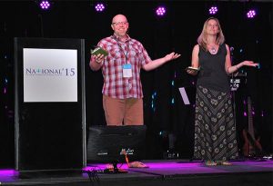 Emcees Rev. Jeffrey Meinz and Director of Christian Education Leah Abel facilitate group discussion during one of the NATIONAL15 plenary sessions — as they did for all four sessions. (Seth Hinz)