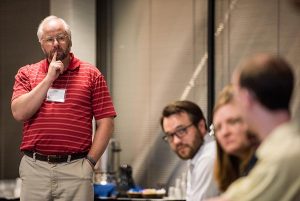 The Rev. Dr. Gary Zieroth, left, interim director of the Synod's Post-Seminary Applied Learning and Support (PALS) program, moderates a panel discussion during the Aug. 4-5 PALS Facilitator Training Conference in St. Louis. Zieroth also is senior pastor of St. John's Lutheran Church in Chaska, Minn. (LCMS/Erik M. Lunsford)