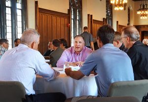 Participants at the 2015 National Stewardship Training Seminar discuss the morning’s presentations during lunch July 29. (LCMS/Megan K. Mertz)