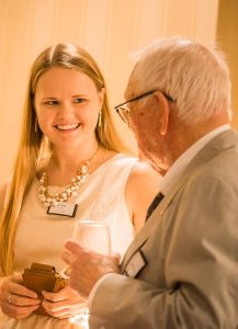 LCMS Young Ambassador Bethany Glock talks with Washington veteran Bill Hecht of Hecht, Spencer and Associates during a “Let's Talk Life, Marriage and Religious Liberty” event Sept. 8 at the Capitol Hill Club in Washington, D.C. (LCMS/Erik M. Lunsford)