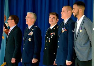 The “Heroes of the Rails” stand with, from left, Secretary of Defense Ash Carter and Gen. Paul J. Selva, the Joint Chiefs of Staff vice-chairman, during a Sept. 17 ceremony at the Pentagon in Washington, D.C., to honor the three men for their heroic actions. The three honored are, from center to right, Oregon Army National Guardsman Spc. Alek Skarlatos, Air Force Airman 1st Class Spencer Stone and Anthony Sadler. (U.S. Air Force photo/Scott Ash)