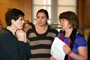 Katie Schuermann, right, listens to the experiences of attendees at the Infertility Ethics Symposium Nov. 7 at Concordia Theological Seminary, Fort Wayne, Ind. Schuermann was a symposium speaker. (Jeanine Tietz)