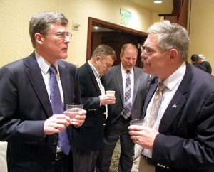 Synod leaders visit during a break in the Nov. 16 joint session of the LCMS Council of Presidents and Board of Directors in Atlanta. From left are Board member Christian Preus, Indiana District President Rev. Dr. Daniel P. May, LCMS Chief Administrative Office Ron Schultz and Synod Second Vice-President Rev. Dr. John C. Wohlrabe. (LCMS/Joe Isenhower Jr.)