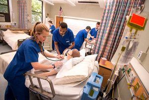 Students at Concordia College—New York, Bronxville, practice nursing procedures in the school's simulation lab. Offering a baccalaureate nursing program and a graduate degree in special education are two recent additions that "have met a market need" locally, according to President Dr. Viji George. (John McKeith Photography)