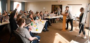 Lutheran Youth Fellowship (LYF) executive board members Connor Lukas and Maddie Upchurch lead teen participants in a session at last year's LYF Teen Leadership Training. This year's event will focus on faith-sharing in the "digital age." (LCMS Youth Ministry)