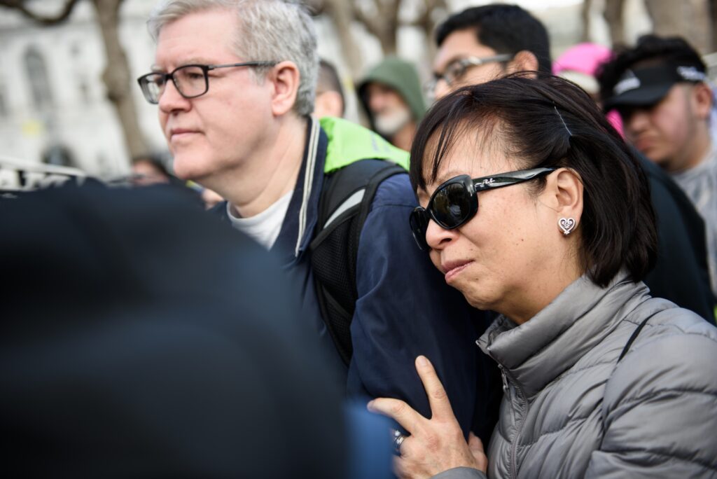Robert and Helen Bok, parishioners of West Portal Lutheran Church in San Francisco, cling together during the 2016 Walk for Life West Coast rally on Saturday, Jan. 23, 2016, in San Francisco. LCMS Communications/Erik M. Lunsford