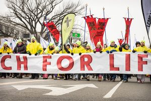 Lutherans lead the 2016 March for Life, Jan. 22 in Washington, D.C. They joined tens of thousands of pro-life supporters despite cold temps and heavy snow this year. (Michael Schuermann for LCMS Communications) 
